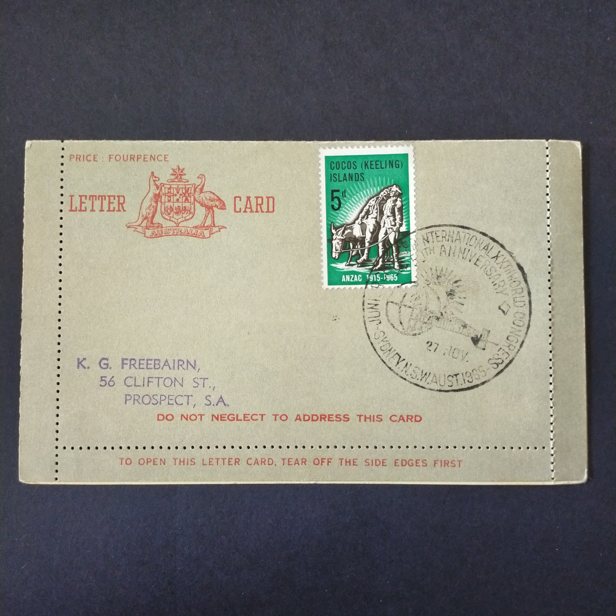 Australia Vintage Lettercard With Cocos Island 5d Stamp International 20th World Congress 50th Anniversary Cancel