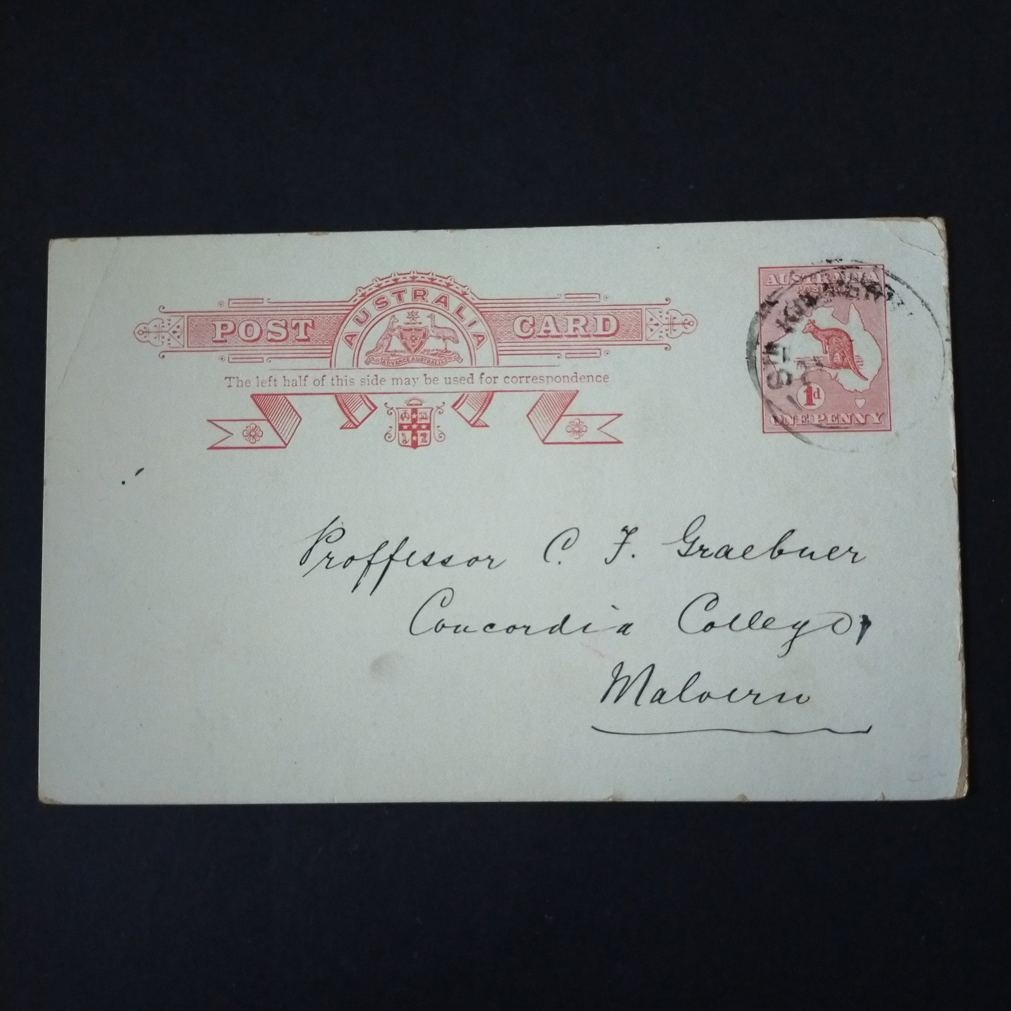 Australia 1d Kangaroo preprinted Postcard postal stationery, written in German, during WW1. Posted from South Kilkerran-Malvern 21-10-14