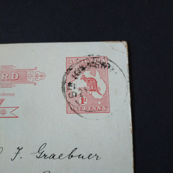 Australia 1d Kangaroo preprinted Postcard postal stationery, written in German, during WW1. Posted from South Kilkerran-Malvern 21-10-14