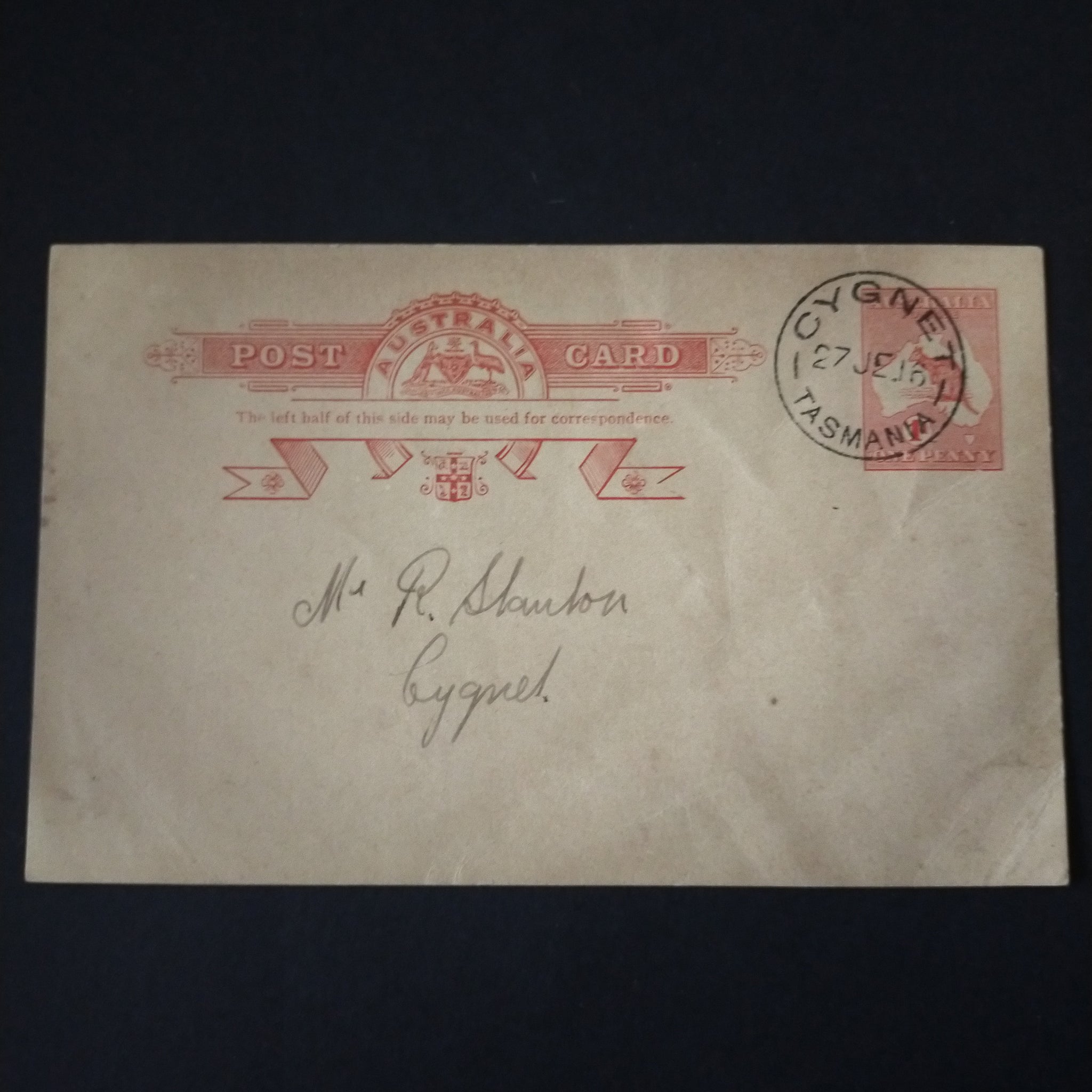 Australia Vintage Postal Card 1d Kangaroo Stamp Cygnet Rifle Club Notice of AGM Postcard