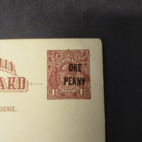 Australia Vintage Postal Card 1 1/2d with One Penny Overprint KGV Stamp Postcard