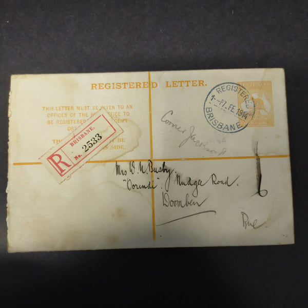 Australia 1914 4d Kangaroo Long Registered Envelope From Brisbane to Doomben