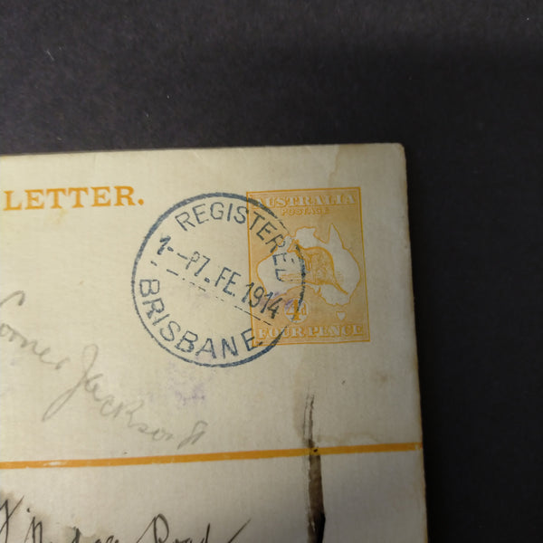 Australia 1914 4d Kangaroo Long Registered Envelope From Brisbane to Doomben
