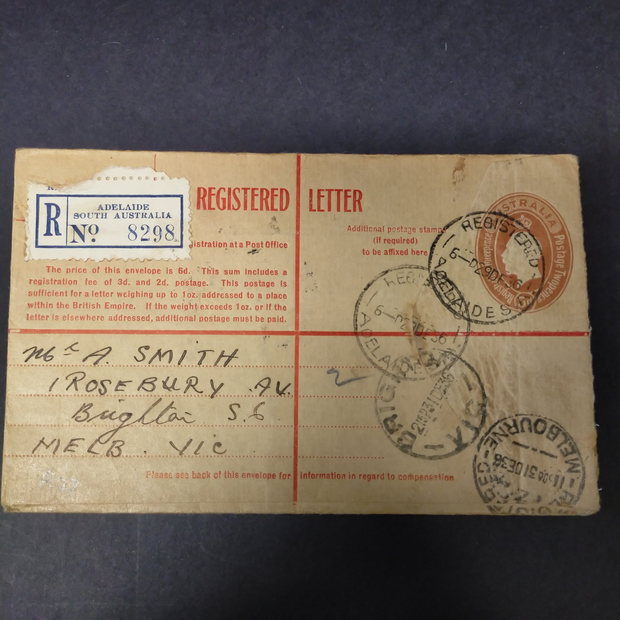 Australia 1936 Registered Envelope 5d KGV Oval Embossed Stamp From Adelaide to Brighton