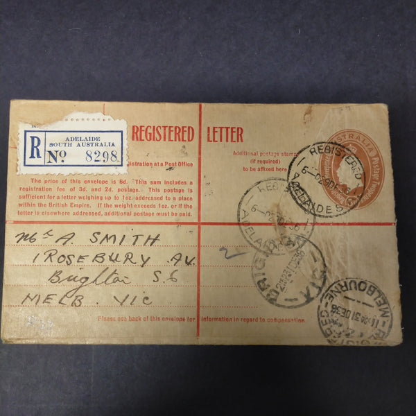 Australia 1936 Registered Envelope 5d KGV Oval Embossed Stamp From Adelaide to Brighton