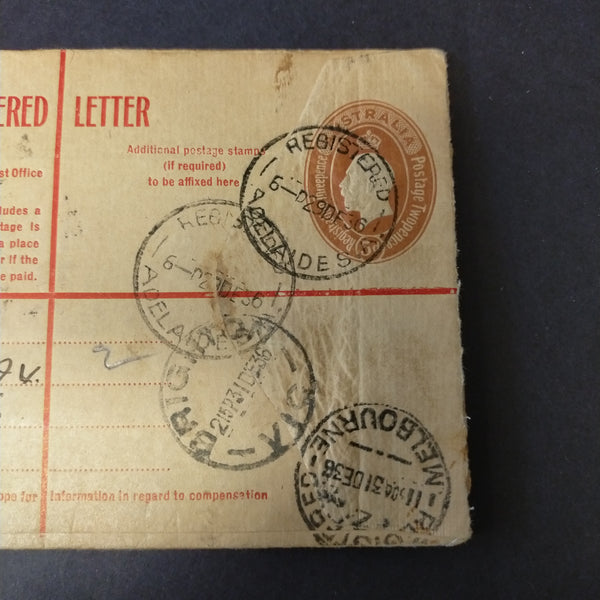 Australia 1936 Registered Envelope 5d KGV Oval Embossed Stamp From Adelaide to Brighton