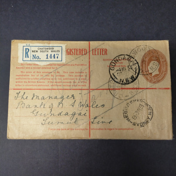 Australia 1933 5d KGV Oval Embossed Registered Envelope from Chatswood to Gundagai