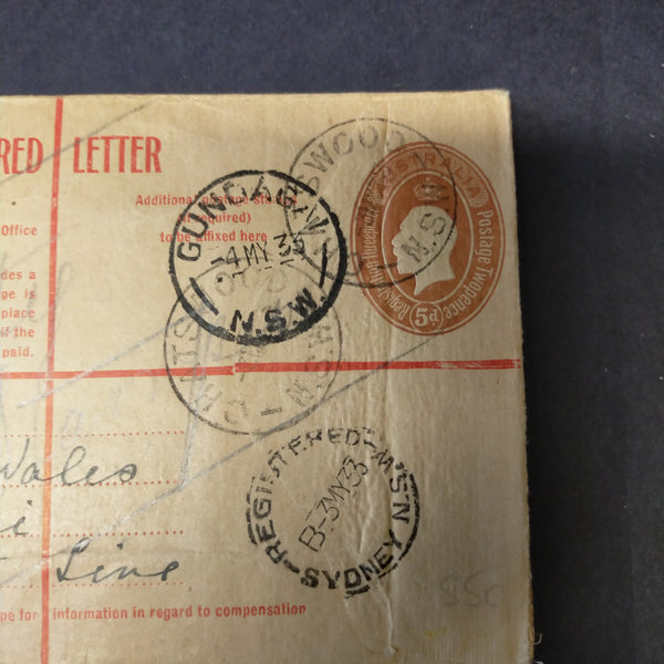 Australia 1933 5d KGV Oval Embossed Registered Envelope from Chatswood to Gundagai