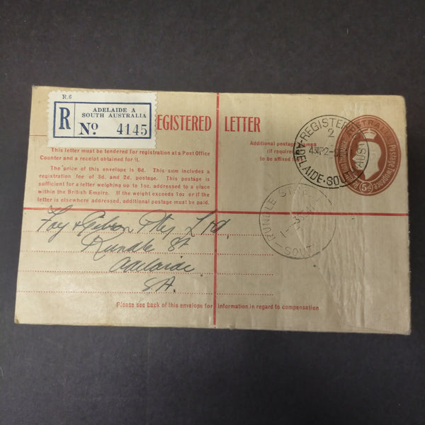 Australia 1941 Registered Envelope 5d KGVI Dark Brown Oval Embossed Stamp From Adelaide to Rundle Street