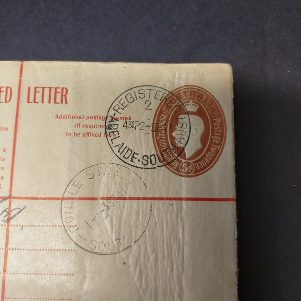 Australia 1941 Registered Envelope 5d KGVI Dark Brown Oval Embossed Stamp From Adelaide to Rundle Street