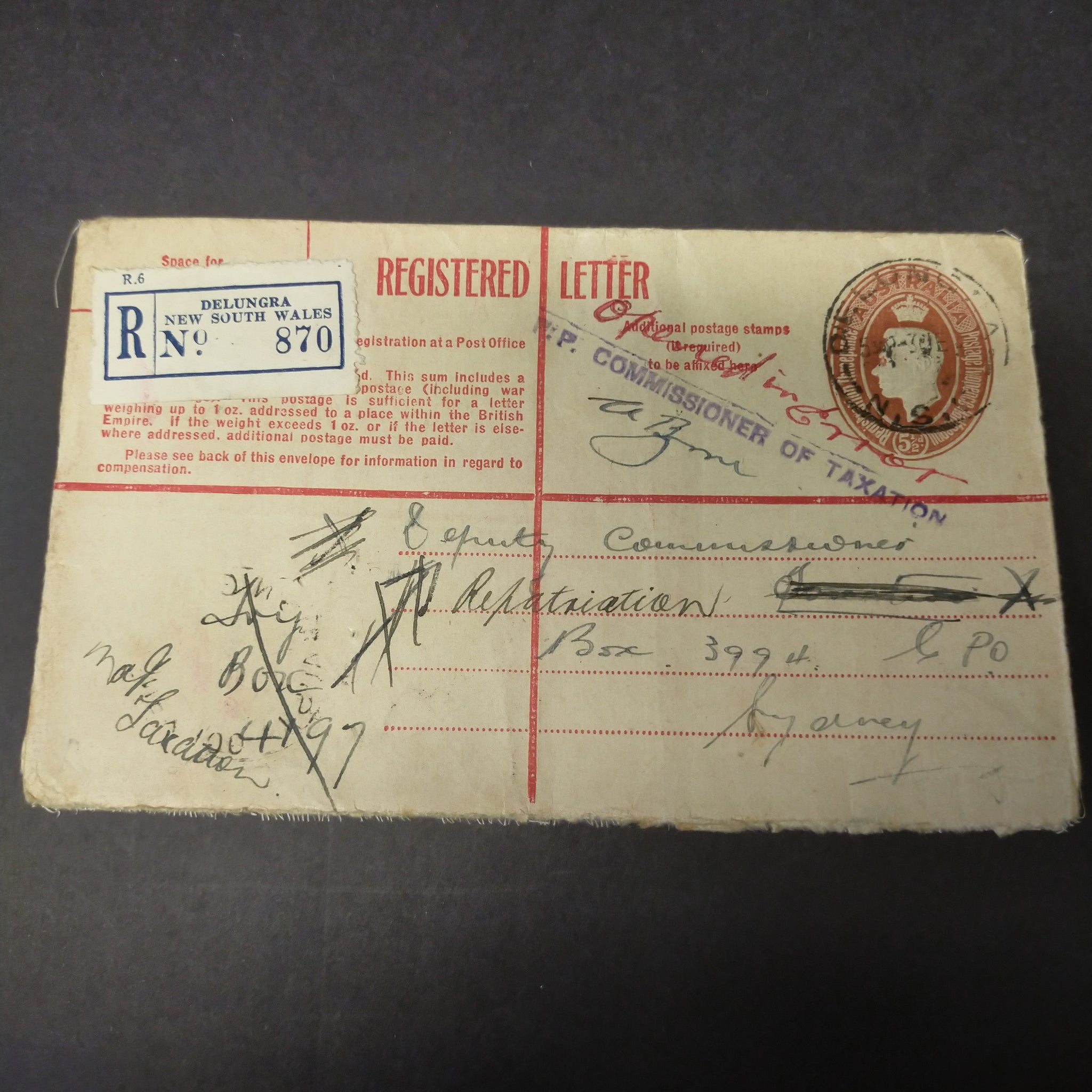 Australia 1947 Registered Envelope 5½d KGVI Oval Embossed Stamp From Delungra to Sydney Deputy Commissioner of Repatriation Opened in Error by Deputy Commissioner of Taxation and Redirected