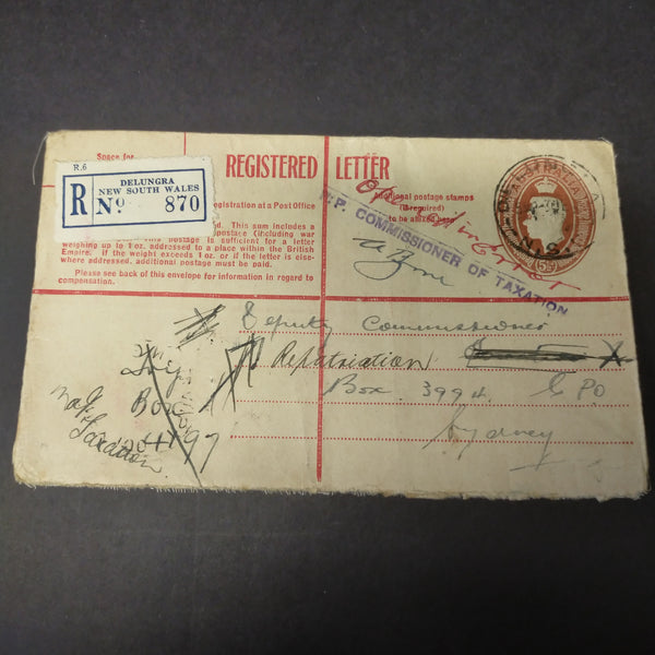 Australia 1947 Registered Envelope 5½d KGVI Oval Embossed Stamp From Delungra to Sydney Deputy Commissioner of Repatriation Opened in Error by Deputy Commissioner of Taxation and Redirected