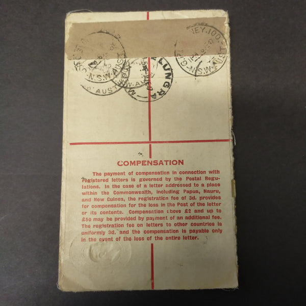 Australia 1947 Registered Envelope 5½d KGVI Oval Embossed Stamp From Delungra to Sydney Deputy Commissioner of Repatriation Opened in Error by Deputy Commissioner of Taxation and Redirected