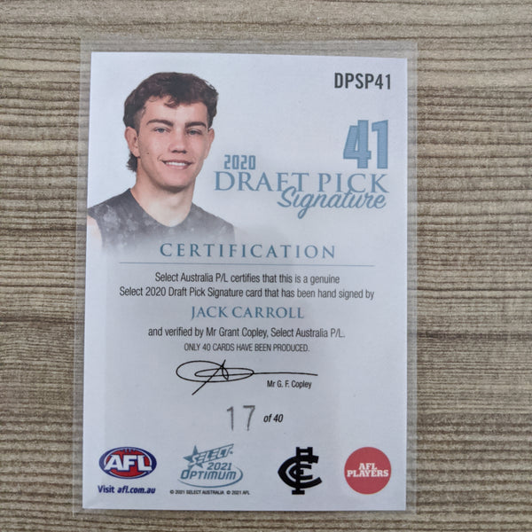 2021 AFL Optimum Draft Pick Signature Platinum Jack Carroll Carlton