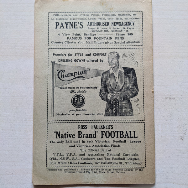 Bendigo 1952 Football League Record Vol 20 No. 7 Saturday May 31st