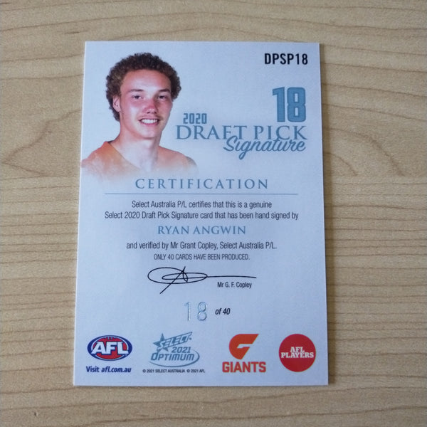 2021 AFL Select Optimum Platnium Draft Pick Signature Ryan Angwin Draft Pick 18 No.018/40