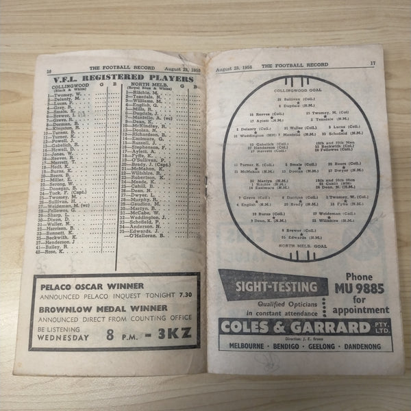 VFL 1958 August 23 Football Record Collingwood v North Melbourne
