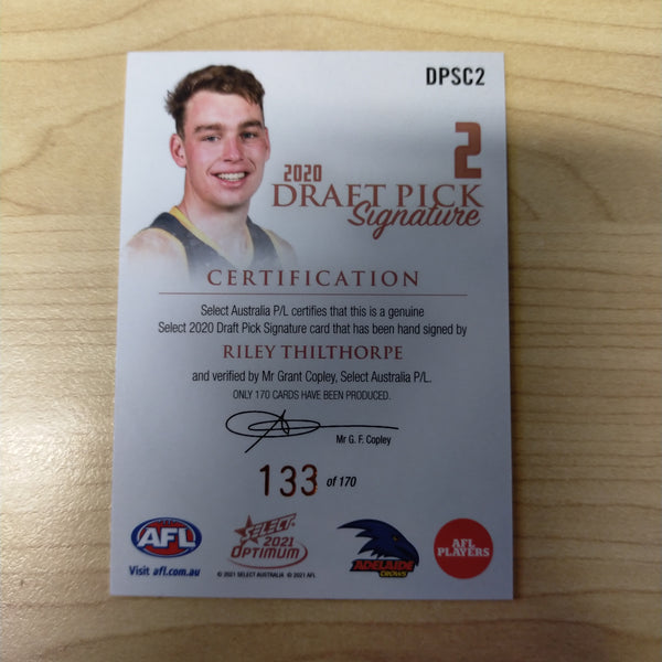 2021 AFL Select Optimum Copper Draft Pick Signature Riley Thilthorpe Adelaide No.133/170