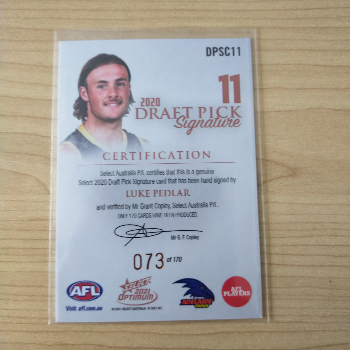 2021 AFL Optimum Copper Draft Pick Signature Luke Pedlar No.073/170 ...