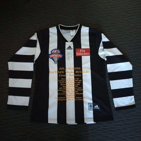 Size XL Collingwood Football Club Long-sleeved Guernsey 2003 Grand Final Nathan Buckley Career Statistics Edition Signed By Nathan Buckley