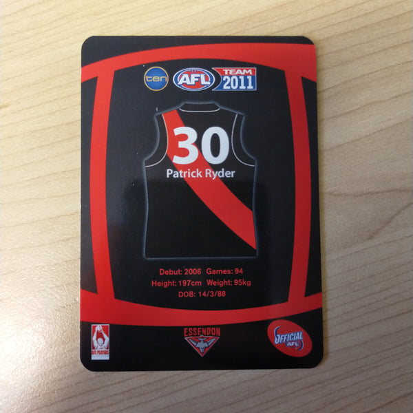 2011 Teamcoach Prize Cards Patrick Ryder ERROR CARDS NOT EMBOSSED Essendon