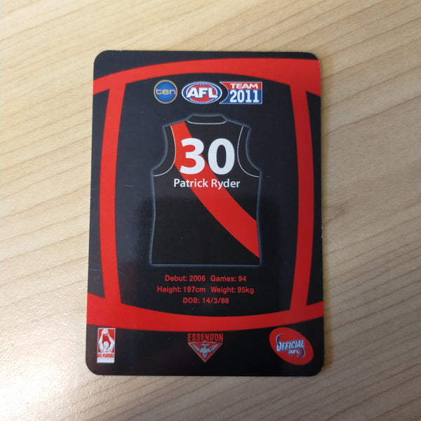 2011 Teamcoach Prize Cards Patrick Ryder ERROR CARDS NOT EMBOSSED NO SILVER Essendon