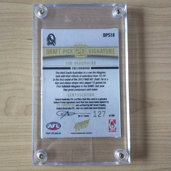 2013 Select Prime Draft Pick Signature Tim Broomhead Collingwood No.127/280