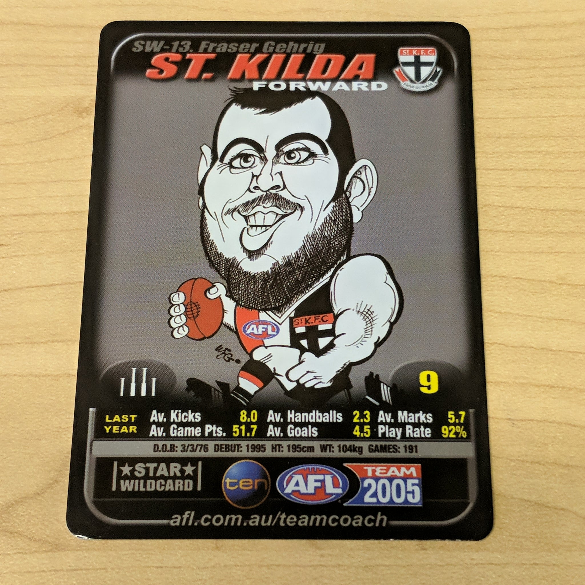 2005 AFL Teamcoach Star Wildcard Fraser Gehrig St Kilda SW-13