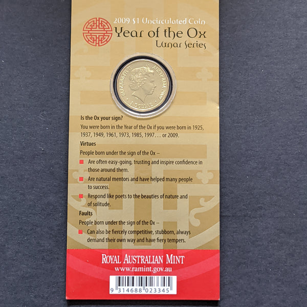 Australia 2009 Royal Australian Mint One Dollar $1 Lunar New Year of Ox Unc Coin