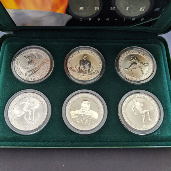 Australia 1994 - 1996 Royal Australian Mint SILVER $10 Olympic Heritage Series 6 coins