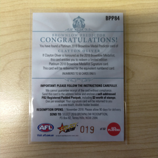 2018 Select Platinum Brownlow Predictor Clayton Oliver Melbourne No.019/50