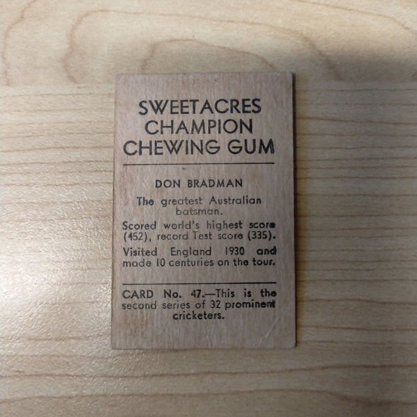 Sweetacres Champion Chewing Gum Don Bradman Prominent Cricketers Cricket Cigarette Card No.47