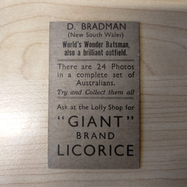 Cricket 1931 Don Bradman, NSW. Giant Brand Licorice Trading Card