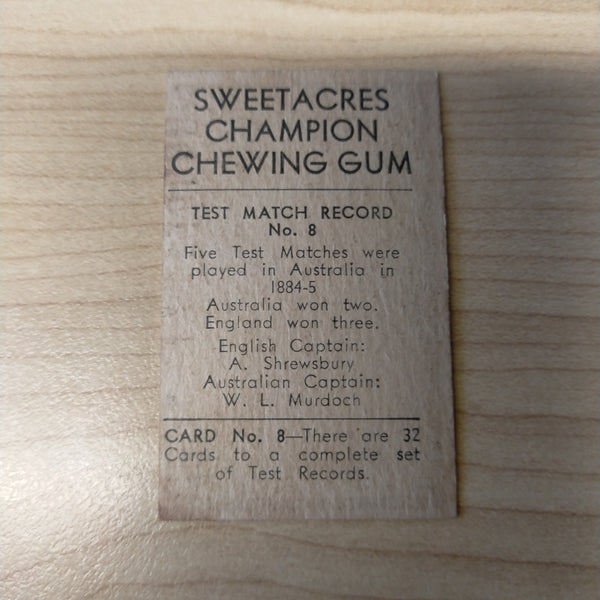 Sweetacres Champion Chewing Gum W H Ponsford Test Match Records Cricket Cigarette Card No.8