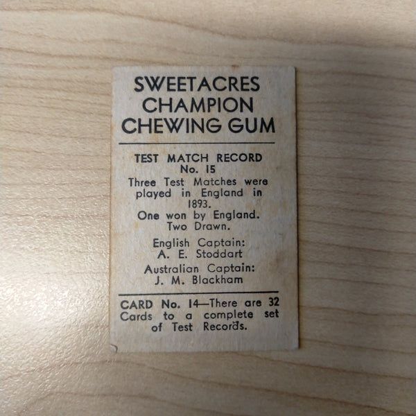 Sweetacres Champion Chewing Gum A F Kippax Test Match Records Cricket Cigarette Card No.15