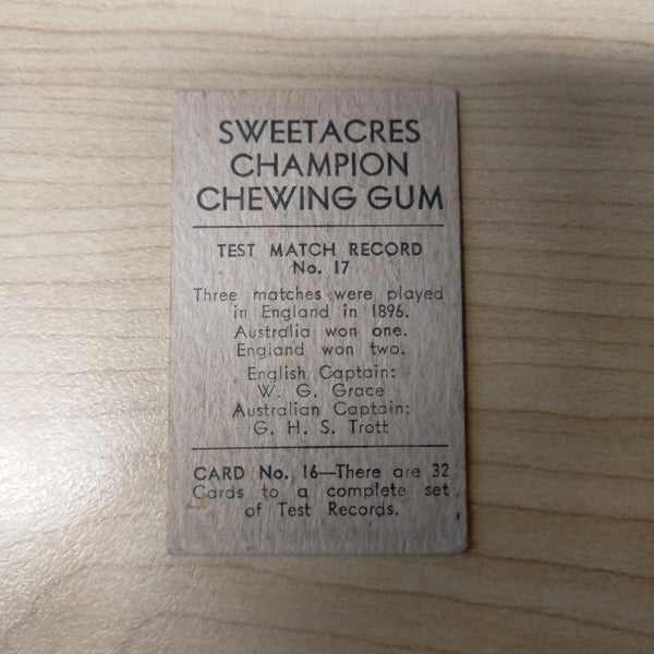 Sweetacres Champion Chewing Gum W M Woodfull Test Match Records Cricket Cigarette Card No.17