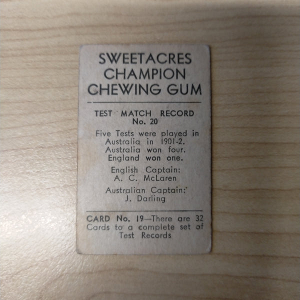 Sweetacres Champion Chewing Gum G O Allen Test Match Records Cricket Cigarette Card No.20