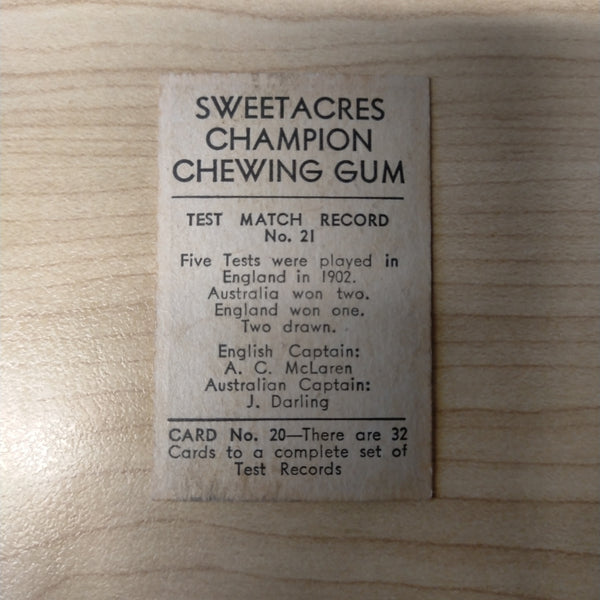 Sweetacres Champion Chewing Gum W Voce Test Match Records Cricket Cigarette Card No.21
