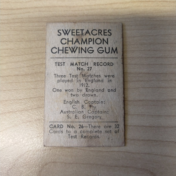 Sweetacres Champion Chewing Gum W J O'Reilly Test Match Records Cricket Cigarette Card No.27