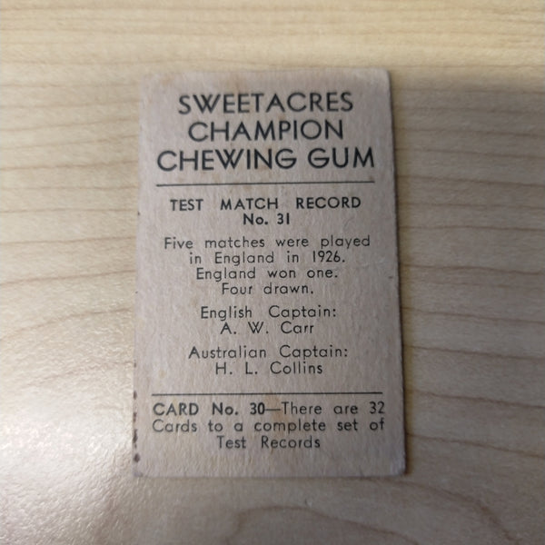 Sweetacres Champion Chewing Gum A Jackson Test Match Records Cricket Cigarette Card No.31