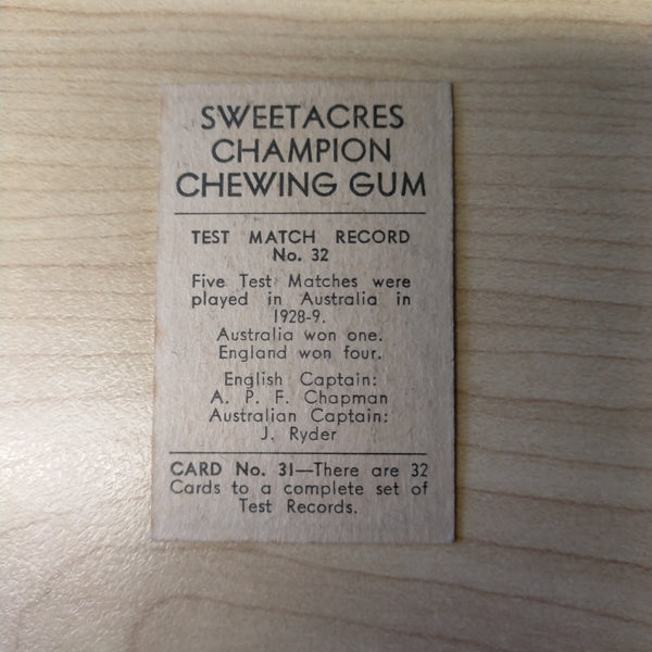 Sweetacres Champion Chewing Gum H Verity Test Match Records Cricket Cigarette Card No.32