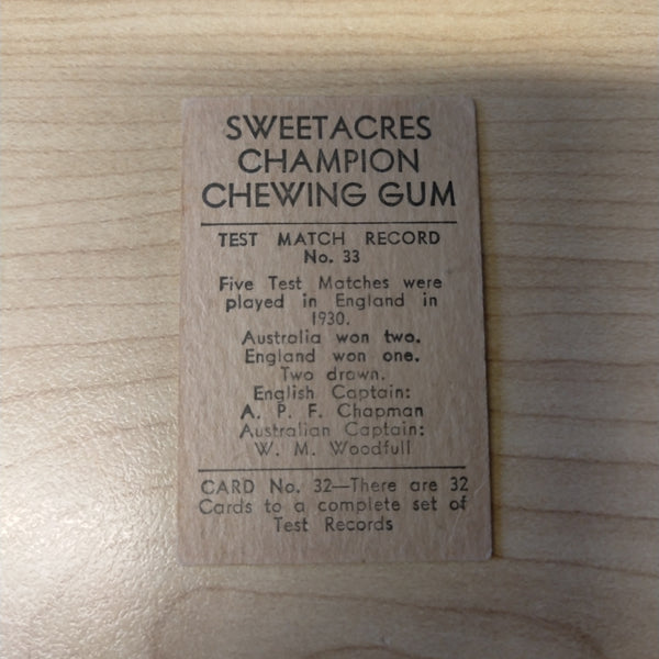 Sweetacres Champion Chewing Gum M W Tate Test Match Records Cricket Cigarette Card No.33