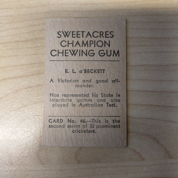 Sweetacres Champion Chewing Gum E L a'Beckett Prominent Cricketers Cricket Cigarette Card No.46