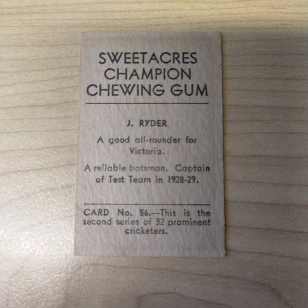 Sweetacres Champion Chewing Gum J Ryder Prominent Cricketers Cricket Cigarette Card No.56