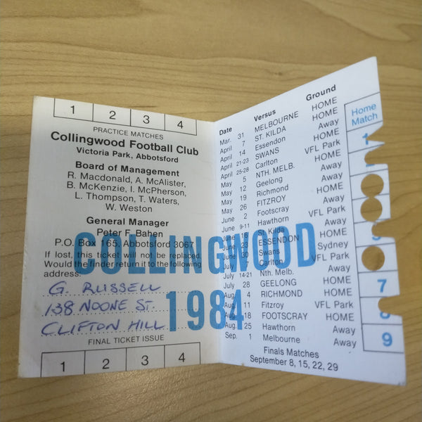 VFL 1984 Collingwood Football Club Season Ticket No. 05090