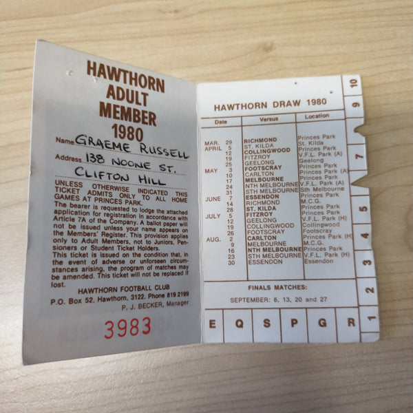 VFL 1980 Hawthorn Football Club Membership Season Ticket