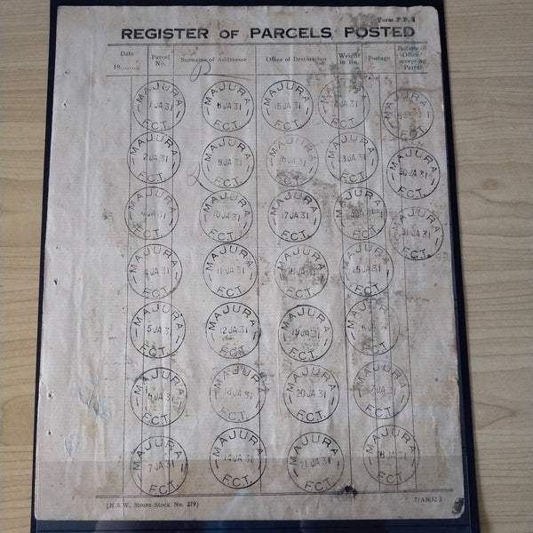 Australia Canberra 1931 Register of Parcels Posted Sheet with 31 scarce Majura F.C.T. Federal Capital Territory Strikes 1st - 31st January