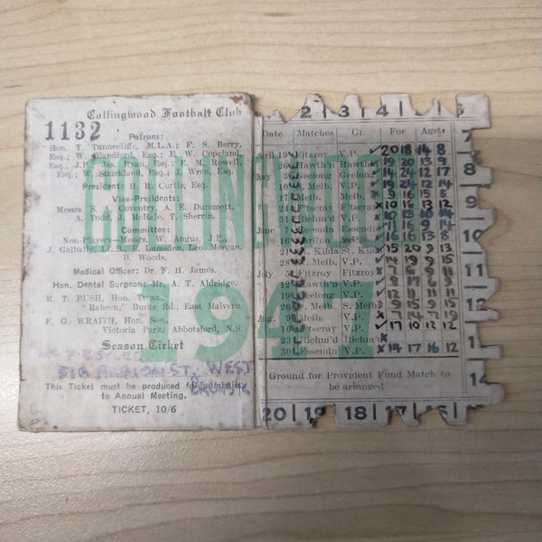 VFL 1947 Collingwood Football Club Members Season Ticket