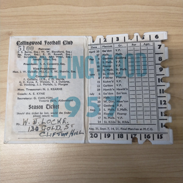 VFL 1957 Collingwood Football Club Members Season Ticket