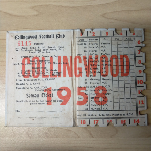 VFL 1958 Collingwood Football Club Members Season Ticket Premiership Year